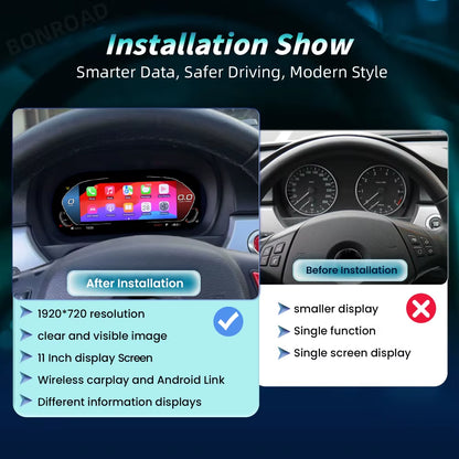 Linux 11 Inch 1920*720P Wireless Carplay Android Car Digital Instrument Cluster for BMW 3 Series E90 E91 E92 Car Dashboard Cluster Speedometer Display Panel Cockpit Airplay Voor