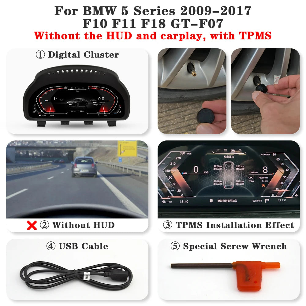 Digital Instrument Cluster For BMW 5 series F10 F11 F18 GT-F07 2009-2017 Carplay Android Mirroring TPMS