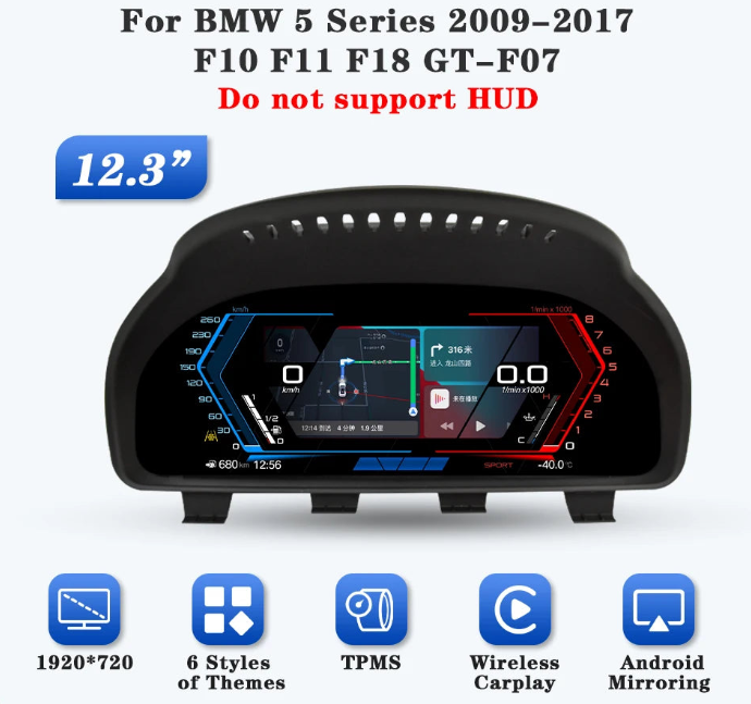 Digital Instrument Cluster For BMW 5 series F10 F11 F18 GT-F07 2009-2017 Carplay Android Mirroring TPMS