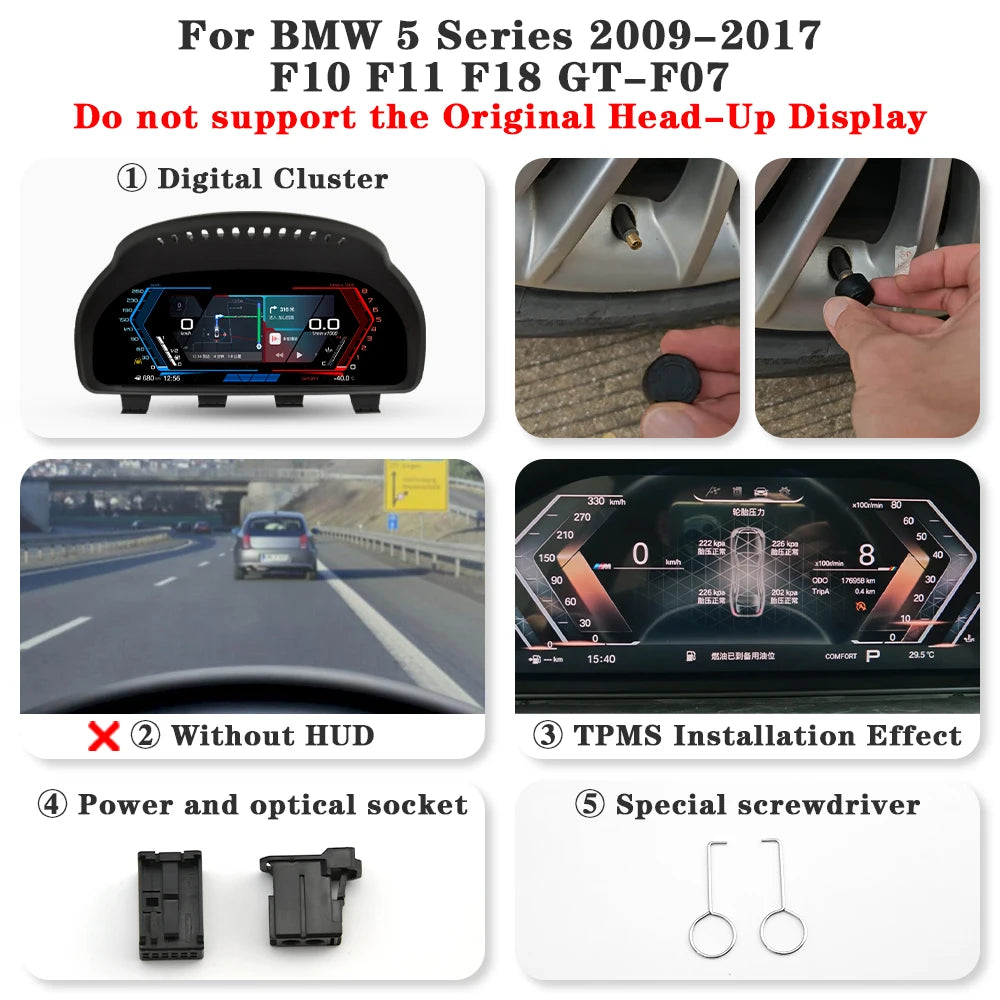 Digital Instrument Cluster For BMW 5 series F10 F11 F18 GT-F07 2009-2017 Carplay Android Mirroring TPMS