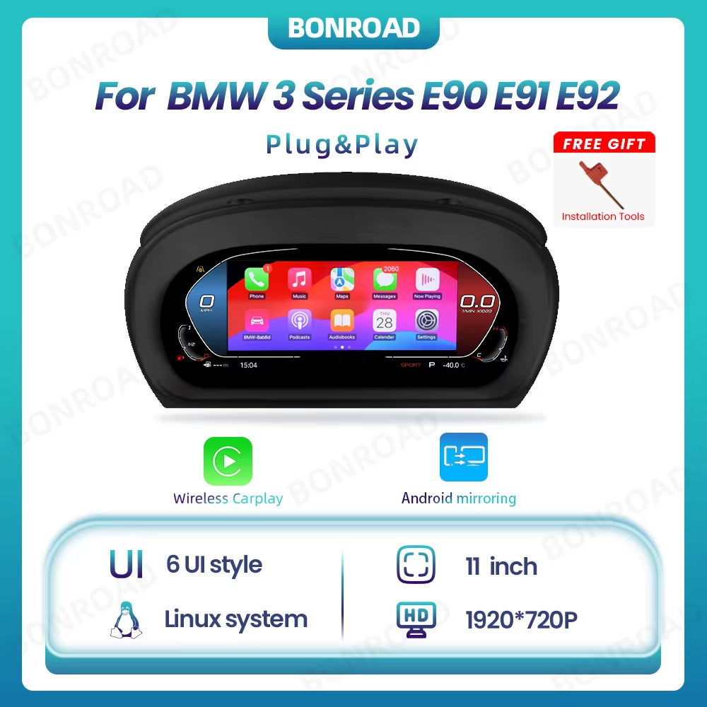 Linux 11 Inch 1920*720P Wireless Carplay Android Car Digital Instrument Cluster for BMW 3 Series E90 E91 E92 Car Dashboard Cluster Speedometer Display Panel Cockpit Airplay Voor
