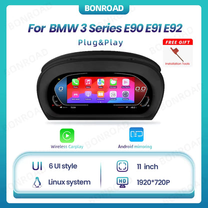 Linux 11 Inch 1920*720P Wireless Carplay Android Car Digital Instrument Cluster for BMW 3 Series E90 E91 E92 Car Dashboard Cluster Speedometer Display Panel Cockpit Airplay Voor